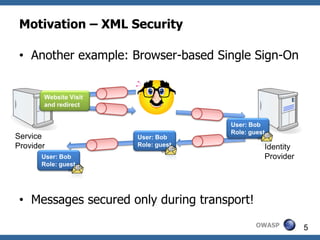 Motivation – XML Security

 • Another example: Browser-based Single Sign-On


       Website Visit
       and redirect


                                     User: Bob
                                     Role: guest
Service                User: Bob
Provider               Role: guest             Identity
       User: Bob                               Provider
       Role: guest




 • Messages secured only during transport!
                                             OWASP        5
 