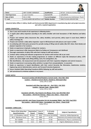 Industrial Safety Officer in Safety, Health and Environmental (SHE) department in manufacturing plant and project execution
part with a reputed organization.
CAREER CONSPECTUS
 Over 2 year and 8 months of rich experience in following duties :
 A regular plant safety inspection according to the safety checklist with brief description of T&P, Machines and Safety
tools.
 Prepare and maintain safety documents like, safety checklists, work permits, safety report in excel sheet, MOM of
safety meetings, Etc.
 Prepare and maintain a daily safety inspection report in MS Excel/word with pictures and report to HOD.
 Co-ordinating with third party personnel for periodic testing of lifting tools & tackles (like EOT, Hoist, Chain blocks) and
physical inspection of air receivers.
 Hands on experience in hydraulic testing of air receivers.
 Hands on experience in Risk Assessment Matrix by finding out Consequence and Likelihood.
 Thorough examination of safety PPEs with their training to staff and workers.
 Conduct safety training and induction programmes for workers with tool box talk as per need.
 Hands on experience in On-site training programmes at random on different topics like behavioural safety, LOTO
system, hot work, height work, lifting-shifting work, fire extinguishers, Etc.
 Risk identification, risk measurement and risk assessment with their respective mitigations and control measures.
 Hands on experience in overseeing safety activities in project from conceptualization to execution.
 Hands on experience in hazard identification with their control hierarchy like Elimination, Substitution, Isolation,
Engineering control Administrative control, and Personal Protective Equipment.
 Ensure Standard (Safe) Operating Procedures (SOPs) following by staff and workers.
 Self commitment to minimize accidents in my career.
CAREER SKETCH
At present working with Birla/Chanderia Cement works - Since Mar’ 2015
Location – Chanderia Cement Works, Chanderia, Chittorgarh (Raj.)
Safety Officer (SHE)
Associated with Olam Agro India Ltd - Nov’ 2014 – Feb’ 2015
Location – Barwani Sugar , Ghatwa (M.P)
Safety Officer (SHE)
Associated with M/s. Tata Projects Ltd. Bilaspur (C.G.): Sep’ 2013-Mar’ 2014
Site Location – 765 KV D/C Champa – Raipur Line (Client – Power Grid)
Safety Officer
Associated with M/s. Jyoti Power Corporation Pvt Ltd, Aurangabad (Mah.): Aug’ 2012- Aug’ 2013
Site Location – 400 KV M/C Akola – Aurangabad Line (Client – Power Grid)
Safety Officer
ACADEMIC CURRICULUM :
Name AMIT KUMAR KARNAWAT Qualification M.Tech (Industrial Safety Engg.)
Total Experience 2 year 8 months Current CTC 3,00,000 PA
Date of Birth 08.12.1988. Current Employer Birla Corporation Ltd (Cement Plant)
E- mail amitkrnwt0812@rediffmail.com Mobile Number 09827213203,8952047308
Name of the University/
Board/Institution.
Examination
Passed
Year of
Passing
% of marks
obtained
Subjects/ Specialization
I.E.S - I.P.S Academy, Indore M.Tech. 2012 7.5 out of 10 (CGPA) Industrial Safety Engineering
M.I.T, Mandsaur (m.p) B.E 2009 67.50 Electronics & communication engg.
M.P BOARD H.S.C 2005 67.00 Mathematics, Physics and Chemistry
M.P BOARD S.S.C 2003 55.00 English, Mathematics, Science
 