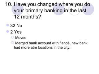 10. Have you changed where you do
your primary banking in the last
12 months?
32 No
2 Yes
 Moved
 Merged bank account with fiancé, new bank
had more atm locations in the city.
 