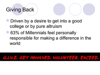 Giving Back
Driven by a desire to get into a good
college or by pure altruism
63% of Millennials feel personally
responsible for making a difference in the
world
 