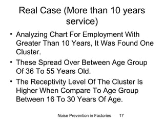 Real Case (More than 10 years 
service) 
• Analyzing Chart For Employment With 
Greater Than 10 Years, It Was Found One 
Cluster. 
• These Spread Over Between Age Group 
Of 36 To 55 Years Old. 
• The Receptivity Level Of The Cluster Is 
Higher When Compare To Age Group 
Between 16 To 30 Years Of Age. 
Noise Prevention in Factories 17 
 