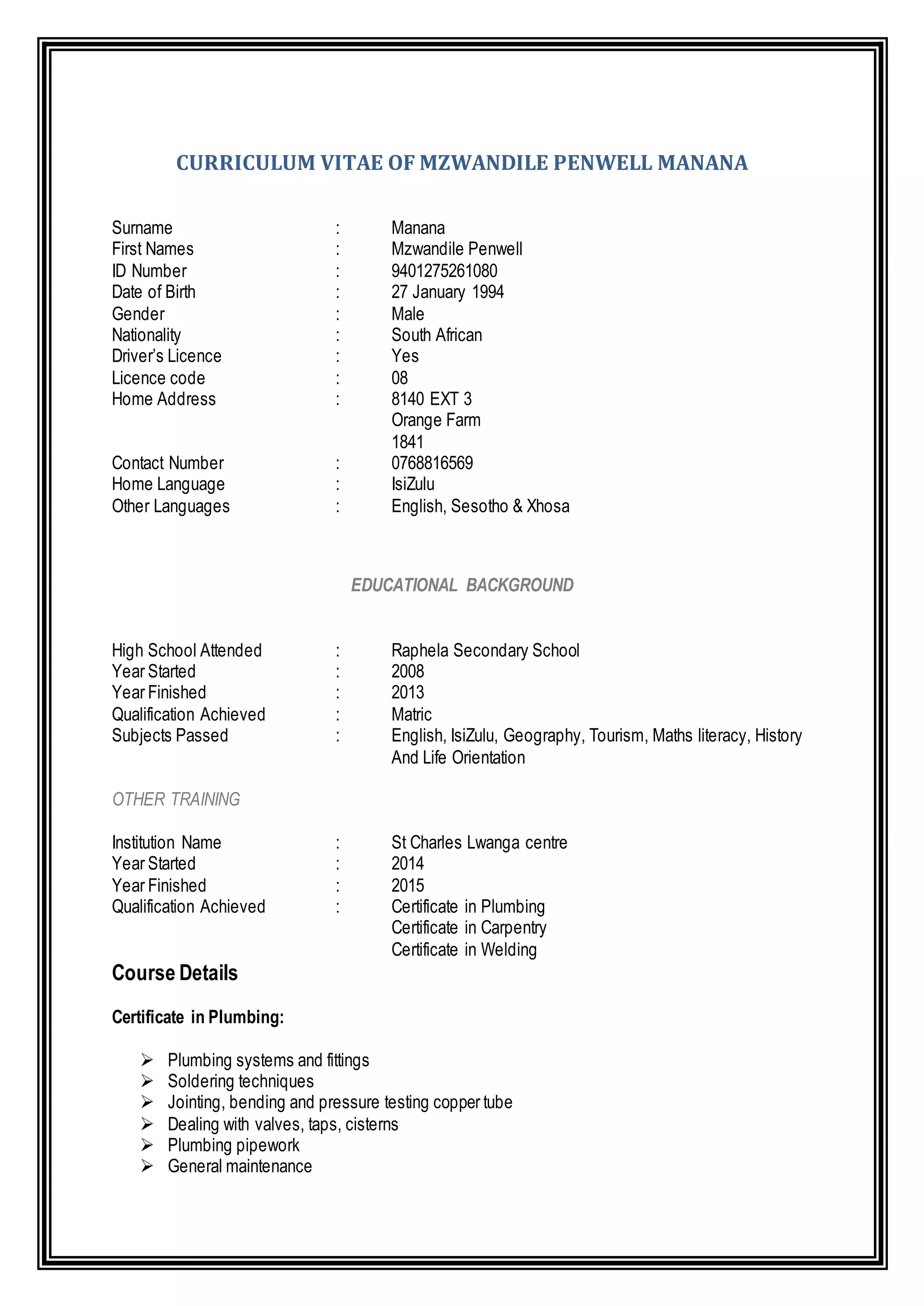 Mzwandile CV New | DOCX