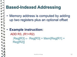 Based-Indexed Addressing
• Memory address is computed by adding
up two registers plus an optional offset
• Example instruction:
ADD R3, (R1+R2)
;Reg[R3]  Reg[R3] + Mem[Reg[R1] +
Reg[R2]]
12Budditha Hettige
 