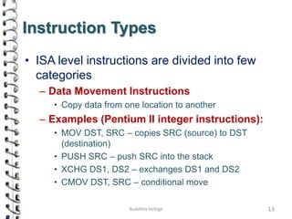 Instruction Types
• ISA level instructions are divided into few
categories
– Data Movement Instructions
• Copy data from one location to another
– Examples (Pentium II integer instructions):
• MOV DST, SRC – copies SRC (source) to DST
(destination)
• PUSH SRC – push SRC into the stack
• XCHG DS1, DS2 – exchanges DS1 and DS2
• CMOV DST, SRC – conditional move
13Budditha Hettige
 