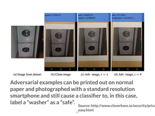 43
Source: http://www.cleverhans.io/security/priva
easy.html
Adversarial examples can be printed out on normal
paper and photographed with a standard resolution
smartphone and still cause a classiﬁer to, in this case,
label a “washer” as a “safe”.
 