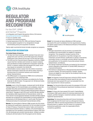 www.cfainstitute.org/ethics/recognition
REGULATOR
AND PROGRAM
RECOGNITION
For the CFA®
, CIPM®
,
and Claritas®
Programs
In its Regulator and Program Recognition efforts, CFA Institute
(recognition@cfainstitute.org) strives to:
•	 Focus on member value
•	 Enhance CFA Institute programs
•	 Spread awareness of the CFA, CIPM, and Claritas Programs
•	 Increase global recognition of our designations through
benchmarking and by the acquisition of waivers
Twenty-eight countries/territories formally recognize our programs.
REGULATOR RECOGNITION
The United States of America:
•	 The New York Stock Exchange (NYSE) exempts those who have
passed CFA Level I and Part I of the NYSE Supervisory Analysts
Qualification Exam (series 16) from part II of this two-part exam.
•	 The NYSE and the Financial Industry Regulatory Authority (FINRA)
require that their members who function as research analysts
pass the Research Analyst Qualification Examination (series 86
and 87). A research analyst who has passed CFA Levels I and II
may request an exemption from Series 86.
•	 Charterholders receive a waiver from the Uniform Investment
Adviser Examination (series 65) from all the states requiring a
licensing exam for investment advisers and investment
adviser representatives.
•	 The CIPM program is recognized on FINRA’s list of professional
designations in the investment field.
•	 The Claritas Investment Certificate is accredited by the Florida
State Bar for MCLE Credits. The approval is for 30 General Credits
and 3 Credits in Ethics.
Australia: Level I of the CFA program, combined with the RG 146 Gap
Training Program for CFA charterholders and candidates, meets the
Australian Securities and Investment Commission’s (ASIC) initial
training requirements for “those providing financial product advice to
retail clients.” Passage of both (CFA Level I and RG 146) also satisfies
the mandatory Skills requirements for Personal Advice. Under the
Trans-Tasman mutual agreement between Australia and New Zealand,
Australia now recognizes CFA charterholders as having satisfied the
requirements of Unit Standard Sets A, C, and D under The Code of
Professional Conduct for Authorized Financial Advisers (AFAs).
Bahrain: The Central Bank of Bahrain (CBB) accepts the CFA charter
as meeting the qualification requirement for the controlled functions
of Head of Treasury, Financial Instruments Trader, and Investment
Consultant/Investment Adviser. In addition, CFA charterholders are
exempted from the mandatory Financial Advice Program (FAP) level
II for all individuals who provide financial advice. Tamkeen provides
funding for all three levels of the CFA program and for Claritas.
Brazil: The Comissão de Valores Mobiliários (CVM) exempts
successful CFA Level II candidates from the requirements of taking
the global content exams of the National Certificate of Professional
Investment (CNPI).
Canada:
•	 Although requirements vary by province, successful CFA
candidates and charterholders are eligible for regulatory
recognition. This recognition includes a portion of the
qualifications for the positions of portfolio manager and
investment counsel (Ontario); qualification to advise in derivatives,
commodity futures, or exchange contracts (British Columbia);
and qualification for the position of securities adviser (Ontario,
Saskatchewan, and Alberta).
•	 The Claritas Investment Certificate is accepted by the Investment
Industry Regulatory Organization of Canada (IIROC) Glossary of
Financial Certifications.
•	 CFA Institute is designated as a Recognized Educational Institution
by Revenu Quebec, the taxing authority in Quebec. Quebec
citizens are eligible for a tax credit for the enrollment fees for any
CFA Institute program.
Egypt: The Egyptian Financial Supervisory Authority (EFSA) requires
that all securities intermediaries fill eleven specific job roles.
Individuals who have passed CFA Level I are exempted from the
exam requirement for relevant positions.
Germany: The Deutsche Börse AG accepts the passage of CFA Level
III as fulfillment of the professional requirement necessary to be an
exchange trader.
Greece: To those who have passed CFA Level III, Capital Market
Commission (CMC) grants waivers for licensing requirements for
analysts, portfolio managers, investment advisers, brokers, and
registered representatives.
Hong Kong: The Hong Kong Securities and Futures Commission
(SFC) recognizes the CFA Level I Exam as a Recognized Industry
Qualification (RIQ) for licensed representatives and waives certain
licensing exams. In addition, the CFA charter is a recognized
professional qualification under the responsible officers
competency guidelines.
Formal Recognition
 