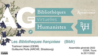 Les Bibliotheques françoises (Bibfr)
Toshinori Uetani (CESR)
Guillaume Porte (ARCHE, Strasbourg)
Assemblée générale 2022
CESR, Tours
le 25/11/2022
 