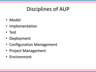 Disciplines of AUP
• Model
• Implementation
• Test
• Deployment
• Configuration Management
• Project Management
• Environment
 