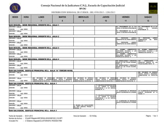 Consejo Nacional de la Judicatura C.N.J., Escuela de Capacitación Judicial
                                                                                                           SIF-CNJ
                                                              DISTRIBUCION SEMANAL DE CURSOS , DEL 07/01/2013 - 12/01/2013

     SEDES             HORA              LUNES                           MARTES                          MIERCOLES                             JUEVES                          VIERNES                              SABADO
                                             7                                8                                 9                                  10                              11                                   12
SAN MIGUEL, SEDE REGIONAL ORIENTE ECJ, AULA 1
HORA INICIO: 8:30 am                                                                                                                                                 1611 PROCEDIMIENTO DE LA LEY         1611 PROCEDIMIENTO DE LA LEY
                                                                                                                                                                     CONTRA LA VIOLENCIA INTRAFAMILIAR    CONTRA       LA     VIOLENCIA
DURACION:          4.00 HORAS                                                                                                                                        'A'                                  INTRAFAMILIAR 'A'
HORA INICIO: 2:00 pm                                                                                                                                                 1611 PROCEDIMIENTO DE LA LEY
                                                                                                                                                                     CONTRA LA VIOLENCIA INTRAFAMILIAR
DURACION:         4.00 HORAS                                                                                                                                         'A'

SAN MIGUEL, SEDE REGIONAL ORIENTE ECJ, AULA 2
HORA INICIO: 8:30 am                                                                                                                                                 729      PROTECCIÓN       JURÍDICA   729     PROTECCIÓN    JURÍDICA
                                                                                                                                                                     ADMINISTRATIVA DEL MEDIO AMBIENTE    ADMINISTRATIVA    DEL   MEDIO
DURACION:          4.00 HORAS                                                                                                                                        'A'                                  AMBIENTE 'A'
HORA INICIO: 2:00 pm                                                                                                                                                 729      PROTECCIÓN       JURÍDICA
                                                                                                                                                                     ADMINISTRATIVA DEL MEDIO AMBIENTE
DURACION:         4.00 HORAS                                                                                                                                         'A'

SAN MIGUEL, SEDE REGIONAL ORIENTE ECJ, AULA 3
HORA INICIO: 8:30 am                                                                                                                                                 670     RÉGIMEN    ADMINISTRATIVO    670    RÉGIMEN   ADMINISTRATIVO
                                                                                                                                                                     DISCIPLINARIO APLICABLE A LOS        DISCIPLINARIO APLICABLE A LOS
DURACION:          4.00 HORAS                                                                                                                                        TRIBUNALES DE JUSTICIA 'A'           TRIBUNALES DE JUSTICIA 'A'
HORA INICIO: 2:00 pm                                                                                                                                                 670     RÉGIMEN    ADMINISTRATIVO
                                                                                                                                                                     DISCIPLINARIO APLICABLE A LOS
DURACION:         4.00 HORAS                                                                                                                                         TRIBUNALES DE JUSTICIA 'A'

SAN MIGUEL, SEDE REGIONAL ORIENTE ECJ, AULA 4
HORA INICIO: 8:30 am                                                                                                                                                 1322 GENERALIDADES Y CONCEPTOS       1322      GENERALIDADES      Y
                                                                                                                                                                     BÁSICOS DE LOS TÍTULOS VALORES.      CONCEPTOS BÁSICOS DE LOS
DURACION:          4.00 HORAS                                                                                                                                        PARTE I 'B'                          TÍTULOS VALORES. PARTE I 'B'
HORA INICIO: 2:00 pm                                                                                                                                                 1322 GENERALIDADES Y CONCEPTOS
                                                                                                                                                                     BÁSICOS DE LOS TÍTULOS VALORES.
DURACION:         4.00 HORAS                                                                                                                                         PARTE I 'B'

SAN SALVADOR, EDIFICIO PRINCIPAL ECJ, AULA "A" TERCER NIVEL
HORA INICIO: 8:00 am                                                                                                                                                                                      8000 DIPLOMADO EN GERENCIA
                                                                                                                                                                                                          PÚBLICA, JUSTICIA Y SEGURIDAD:
DURACION:         5.00 HORAS                                                                                                                                                                              ADMINISTRACIÓN DE PROYECTOS
                                                                                                                                                                                                          'A'
HORA INICIO: 1:00 pm            8000 DIPLOMADO EN GERENCIA      8000 DIPLOMADO EN GERENCIA        8000 DIPLOMADO EN GERENCIA        8000   DIPLOMADO EN GERENCIA8000       DIPLOMADO EN GERENCIA
                                PÚBLICA, JUSTICIA Y SEGURIDAD:  PÚBLICA, JUSTICIA Y SEGURIDAD:    PÚBLICA, JUSTICIA Y SEGURIDAD:    PÚBLICA, JUSTICIA Y SEGURIDAD: PÚBLICA, JUSTICIA Y SEGURIDAD:
DURACION:         5.00 HORAS    ADMINISTRACIÓN DE PROYECTOS 'A' ADMINISTRACIÓN DE PROYECTOS 'A'   ADMINISTRACIÓN DE PROYECTOS 'A'   ADMINISTRACIÓN DE PROYECTOS 'A' ADMINISTRACIÓN DE PROYECTOS 'A'

SAN SALVADOR, EDIFICIO PRINCIPAL ECJ, AULA 1
HORA INICIO: 8:00 am                                                                                                                1773 ANALISIS DE INTEGRACIÓN ENTRE
                                                                                                                                    LA LEY CONTRA LA VIOLENCIA
DURACION:         4.00 HORAS                                                                                                        INTRAFAMILIAR Y LA LEY ESPECIAL
                                                                                                                                    INTEGRAL PA 'A'
HORA INICIO: 8:30 am                                                                                                                                                  1117 ELABORACIÓN DE SENTENCIAS      1117 ELABORACIÓN DE SENTENCIAS
                                                                                                                                                                      PENALES. VALORACIÓN DE LA PRUEBA    PENALES. VALORACIÓN DE LA
DURACION:          4.00 HORAS                                                                                                                                         'A'                                 PRUEBA 'A'
HORA INICIO: 1:00 pm                                                                                                                1773 ANALISIS DE INTEGRACIÓN ENTRE
                                                                                                                                    LA LEY CONTRA LA VIOLENCIA
DURACION:         4.00 HORAS                                                                                                        INTRAFAMILIAR Y LA LEY ESPECIAL
                                                                                                                                    INTEGRAL PA 'A'
HORA INICIO: 2:00 pm                                                                                                                                                  1117 ELABORACIÓN DE SENTENCIAS
                                                                                                                                                                      PENALES. VALORACIÓN DE LA PRUEBA
DURACION:          4.00 HORAS                                                                                                                                         'A'
HORA INICIO: 2:00 pm                                                                              79 REUNIÓN CON CAPACITADORES
                                                                                                  DEL ÁREA DERECHO PRIVADO Y
DURACION:         2.00 HORAS                                                                      PROCESAL 'A'

SAN SALVADOR, EDIFICIO PRINCIPAL ECJ, AULA 2


Fecha de Impresión : 04-01-2013                                                                   Hora de Impresión : 03:19:02p.m.                                                                                    Página : 1 de 3
Nombre de Archivo : Cnjnt01RegistroINFOENGLISH03INFO03_015.RPT
Invocado Por       : C:Sistema IntegradoCLUSTER03FILTRO0320.FRM
 