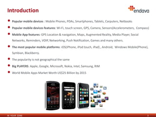 Introduction
• Popular mobile devices : Mobile Phones, PDAs, Smartphones, Tablets, Carputers, Netbooks
• Popular mobile devices features: Wi-Fi, touch screen, GPS, Camera, Sensors(Accelerometers, Compass)
• Mobile App features: GPS Location & navigation, Maps, Augmented Reality, Media Player, Social
   Networks, Reminders, VOIP, Networking, Push Notification, Games and many others.

• The most popular mobile platforms: iOS(iPhone, iPod touch, iPad) , Android, Windows Mobile(Phone),
   Symbian, Blackberry.

• The popularity is not geographical the same
• Big PLAYERS: Apple, Google, Microsoft, Nokia, Intel, Samsung, RIM
• World Mobile Apps Market Worth US$25 Billion by 2015




IN YOUR ZONE                                                                                       3
 