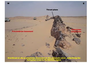 W                                                                               E


                                        Thrust plane




                                                                   Ordovician
    Precambrian basement                                          sandstones




Overthrust of the precambrian basement on the paleozoic cover underlining the
                     hercynian event in Tin Séririne region
 