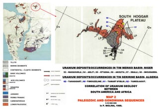 59

                                                                          60
                                                                          62
                                                                                                    61




 TILLITE

 MARINE SEDIMENTS
                                   URANIUM DEPOSITS/OCCURRENCES IN TIM MERSOI BASIN- NIGER
 CONTINENTAL – CLASTIC SEDIMENTS
                                   53 – MADAOUELA ; 54 – ARLIT ; 55 – N’TASSA ; 56 – AKOUTA ; 57 – EBALA ; 58 – IMOURAREN.
 BASIC VOLCANICS

                                   URANIUM DEPOSITS/OCCURRENCES IN TIN SERIRINE BASIN- ALGERIA
UNDATED


 ACID VOLCANICS
UNDATED
                                   62 – TAHAGGART ; 60 –TIMOUZELINE ; 61 – TAMART N’IBLIS ; 62 – TAMEDJAOUT.


 GRANITES
                                                      CORRELATION OF URANIUM GEOLOGY
UNDATED
                                                                 BETWEEN
                                                         SOUTH AMERICA AND AFRICA
 JURASSIC

 PERMO-TRIASSIC                                                MAP 2
 CARBONIFEROUS                                  PALEOZOIC AND GONDWANA SEQUENCES
                                                                         1:10 000 000
                                                                    In P. MOLINA, 1988.
 LOWER PALEOZOIC
 