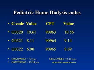 Pediatric Home Dialysis codes G code  Value  CPT   Value G0320 10.61 90963 10.56 G0321 8.11 90964 9.14 G0322 6.90 90965 8.69 G0320/90963 = <2 y.o.  G0321/90964 = 2-11 y.o. G0322/90965 = 12-19 y.o.   All are FULL month of service 