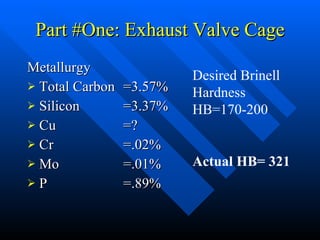 Part #One: Exhaust Valve Cage Metallurgy Total Carbon  =3.57% Silicon =3.37% Cu  =? Cr =.02% Mo =.01% P =.89% Desired Brinell Hardness  HB=170-200 Actual HB= 321 
