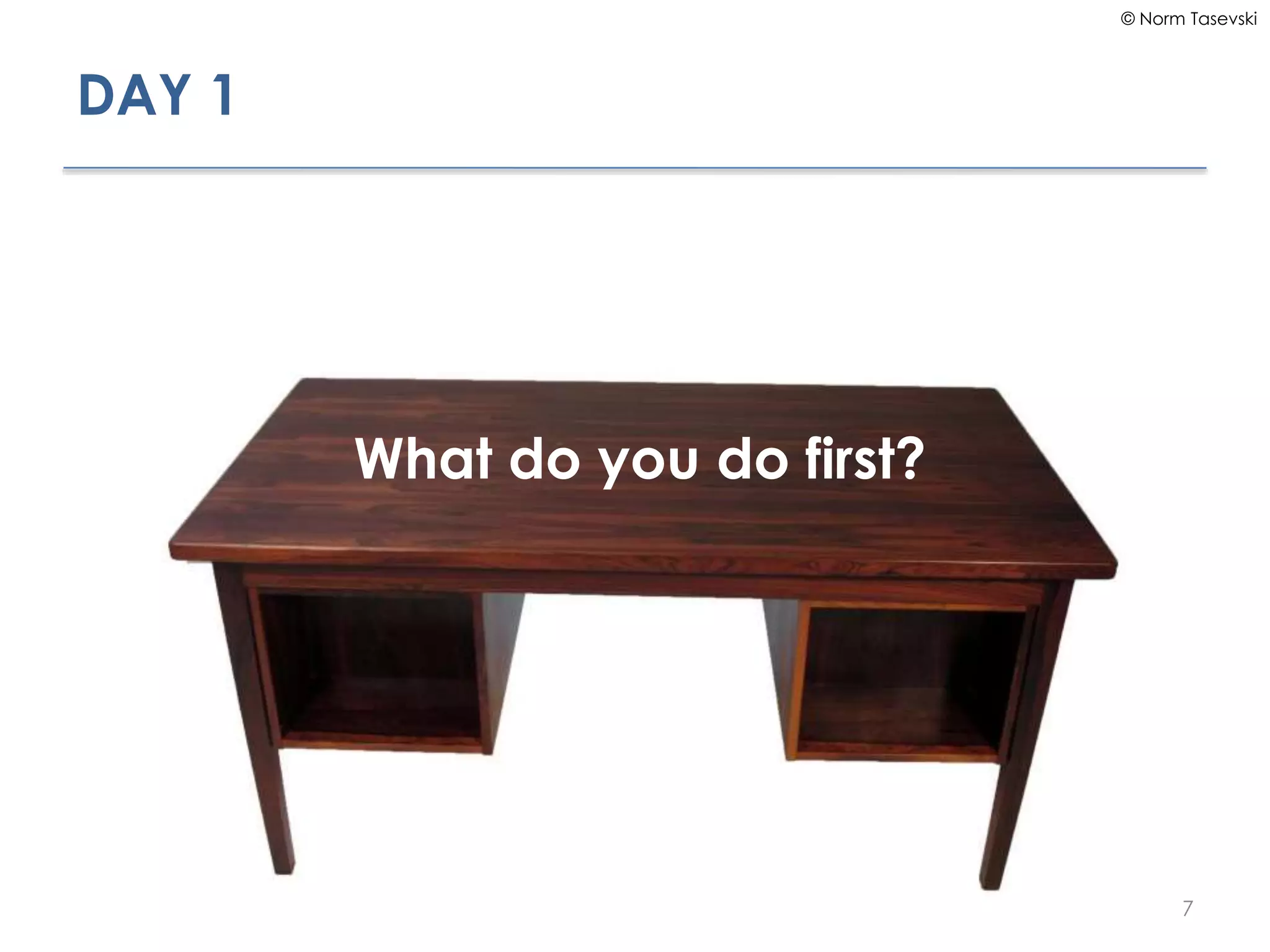 © Norm Tasevski
DAY 1
37
What do you do first?
 