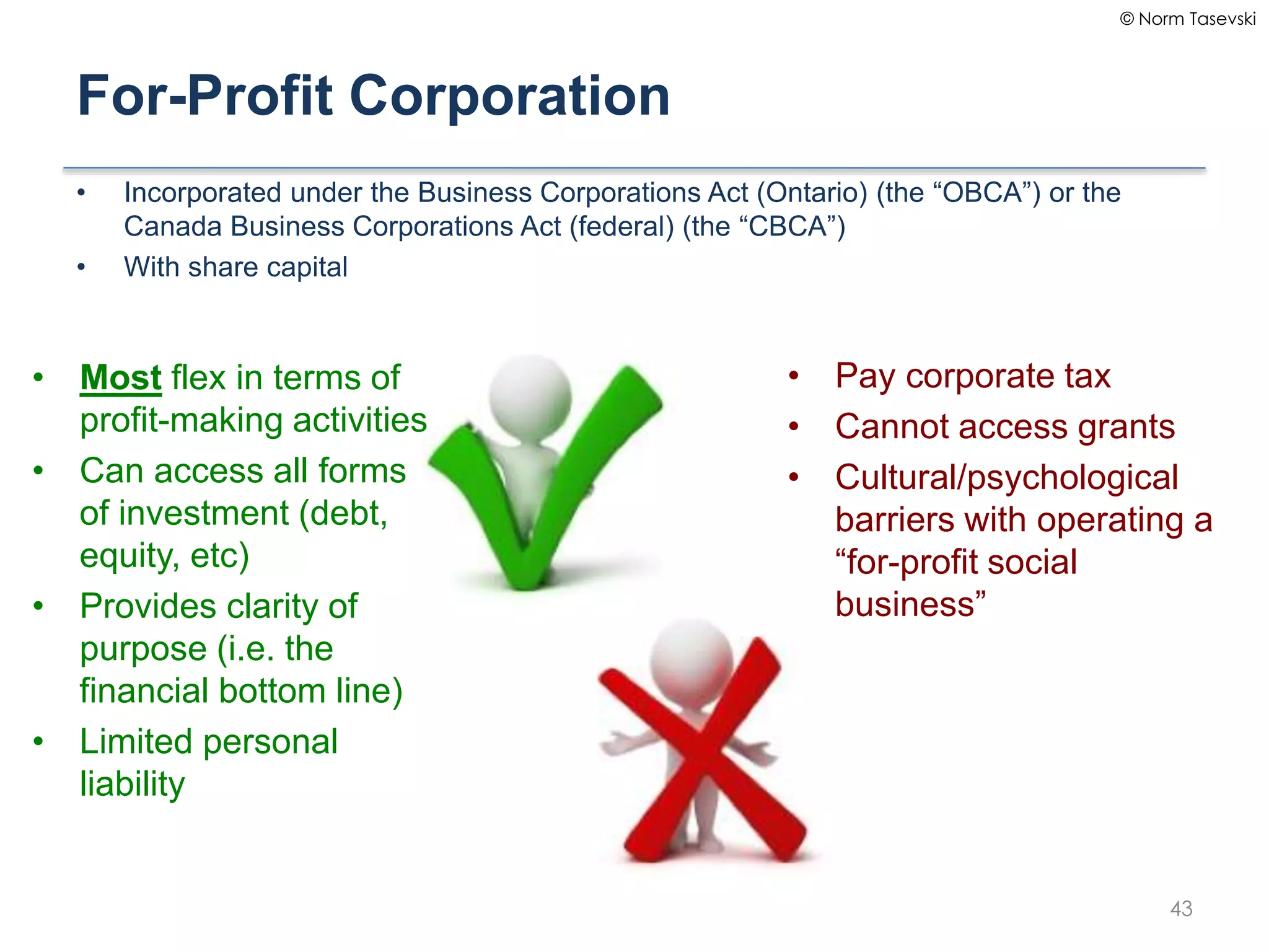 © Norm Tasevski
For-Profit Corporation
• Incorporated under the Business Corporations Act (Ontario) (the “OBCA”) or the
Canada Business Corporations Act (federal) (the “CBCA”)
• With share capital
43
• Most flex in terms of
profit-making activities
• Can access all forms
of investment (debt,
equity, etc)
• Provides clarity of
purpose (i.e. the
financial bottom line)
• Limited personal
liability
• Pay corporate tax
• Cannot access grants
• Cultural/psychological
barriers with operating a
“for-profit social
business”
 