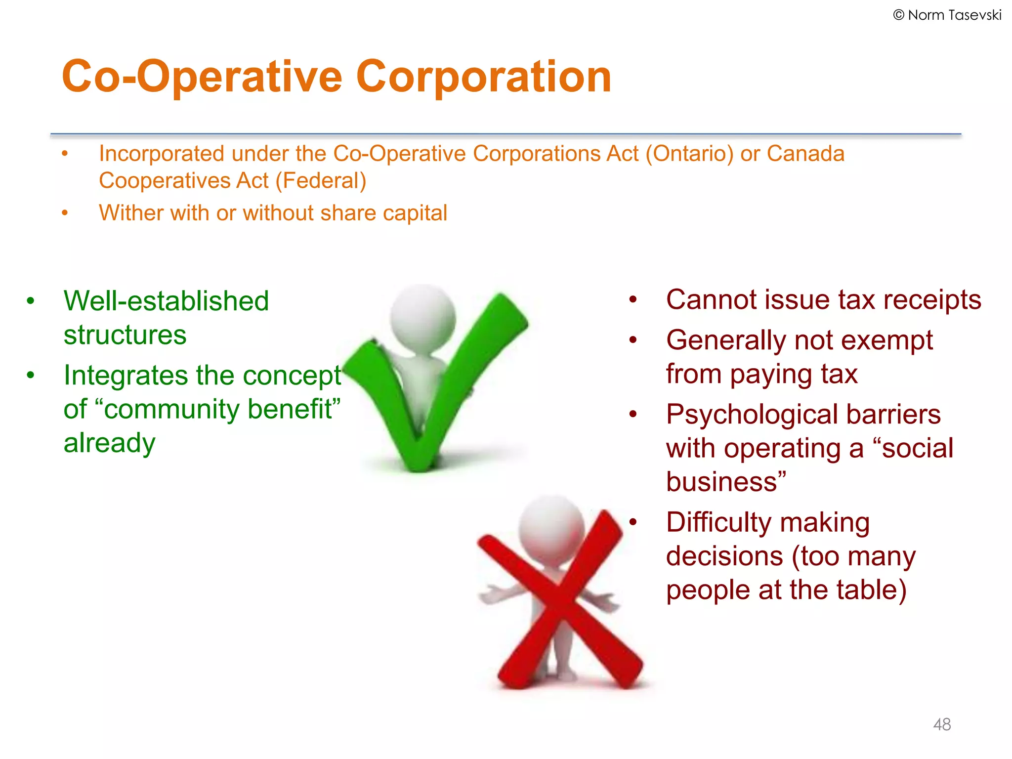 © Norm Tasevski
Co-Operative Corporation
• Incorporated under the Co-Operative Corporations Act (Ontario) or Canada
Cooperatives Act (Federal)
• Wither with or without share capital
48
• Well-established
structures
• Integrates the concept
of “community benefit”
already
• Cannot issue tax receipts
• Generally not exempt
from paying tax
• Psychological barriers
with operating a “social
business”
• Difficulty making
decisions (too many
people at the table)
 