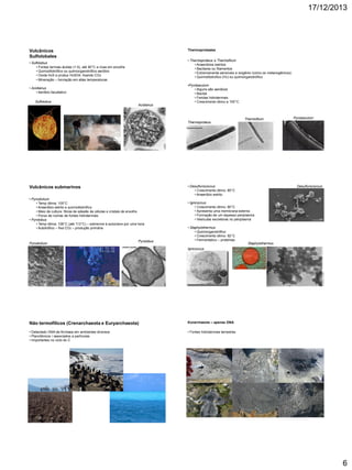 17/12/2013

Thermoproteales

Vulcânicos
Sulfolobales

• Thermoproteus e Thermofilum
• Anaeróbios estritos
• Bacilares ou filamentos
• Extremamente sensíveis a oxigênio (como os metanogênicos)
• Quimiolitotrofico (H2) ou quimiorganotrófico

• Sulfolobus
• Fontes termais ácidas (1-5), até 90°C e ricas em enxofre
• Quimiolitotrófico ou quimiorganotrófico aeróbio
• Oxida H2S e produz H2SO4, fixando CO2
• Mineração – lixiviação em altas temperaturas
• Acidianus
• Aeróbio facultativo
Sulfolobus
Acidianus

•Pyrobaculum
• Alguns são aeróbios
• Bacilar
• Fendas hidrotermais
• Crescimento ótimo a 100°C

Thermofilum

Pyrobaculum

Thermoproteus

• Desulfurococcus
• Crescimento ótimo: 85°C
• Anaeróbio estrito

Vulcânicos submarinos
• Pyrodictium
• Temp ótima: 105°C
• Anaeróbio estrito e quimiolitotrófico
• Meio de cultura: fibras de adesão às células e cristais de enxofre
• Poros de rochas de fontes hidrotermais
• Pyrolobus
• Temp ótima: 106°C (até 113°C) – sobrevive à autoclave por uma hora
• Autotrófico – fixa CO2 – produção primária

Pyrodictium

Pyrolobus

Desulfurococcus

• Ignicoccus
• Crescimento ótimo: 90°C
• Apresenta uma membrana externa
• Formação de um espesso periplasma
• Vesículas excretoras no periplasma
• Staphylothermus
• Quimiorganotrófico
• Crescimento ótimo: 92°C
• Fermentativo – proteínas
Staphylothermus
Ignicoccus

Não termofílicos (Crenarchaeota e Euryarchaeota)

Korarchaeota – apenas DNA

• Detectado DNA de Archaea em ambientes diversos
• Planctônicos / associados a partículas
• Importantes no ciclo do C

• Fontes hidrotermais terrestres

6

 