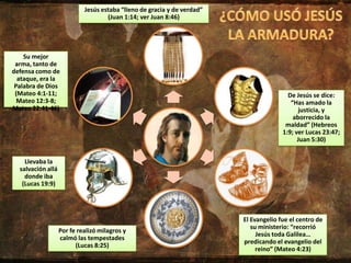 Jesús estaba “lleno de gracia y de verdad”
(Juan 1:14; ver Juan 8:46)
De Jesús se dice:
“Has amado la
justicia, y
aborrecido la
maldad” (Hebreos
1:9; ver Lucas 23:47;
Juan 5:30)
El Evangelio fue el centro de
su ministerio: “recorrió
Jesús toda Galilea…
predicando el evangelio del
reino” (Mateo 4:23)
Por fe realizó milagros y
calmó las tempestades
(Lucas 8:25)
Llevaba la
salvación allá
donde iba
(Lucas 19:9)
Su mejor
arma, tanto de
defensa como de
ataque, era la
Palabra de Dios
(Mateo 4:1-11;
Mateo 12:3-8;
Mateo 22:41-46)
 