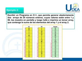 Ejemplo 2:
Escribir un Programa en C++, que permita generar aleatoriamente
dos arrays de 20 números enteros, cuyos valores estén entre 1 y
99, los muestre en pantalla y luego halle e imprima un tercer array,
que contenga la suma de los elementos del array 1 y el array 2.
 