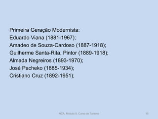 Primeira Geração Modernista:
Eduardo Viana (1881-1967);
Amadeo de Souza-Cardoso (1887-1918);
Guilherme Santa-Rita, Pintor (1889-1918);
Almada Negreiros (1893-1970);
José Pacheko (1885-1934);
Cristiano Cruz (1892-1951);
HCA, Módulo 9, Curso de Turismo 15
 