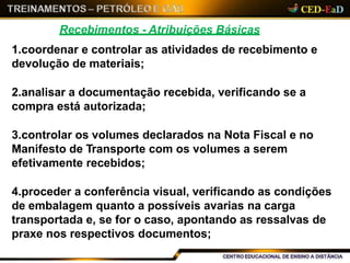 Recebimentos - Atribuições Básicas
1.coordenar e controlar as atividades de recebimento e
devolução de materiais;
2.analisar a documentação recebida, verificando se a
compra está autorizada;
3.controlar os volumes declarados na Nota Fiscal e no
Manifesto de Transporte com os volumes a serem
efetivamente recebidos;
4.proceder a conferência visual, verificando as condições
de embalagem quanto a possíveis avarias na carga
transportada e, se for o caso, apontando as ressalvas de
praxe nos respectivos documentos;
 