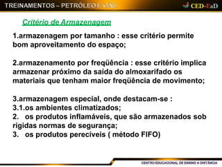 Critério de Armazenagem
1.armazenagem por tamanho : esse critério permite
bom aproveitamento do espaço;
2.armazenamento por freqüência : esse critério implica
armazenar próximo da saída do almoxarifado os
materiais que tenham maior freqüência de movimento;
3.armazenagem especial, onde destacam-se :
3.1.os ambientes climatizados;
2. os produtos inflamáveis, que são armazenados sob
rígidas normas de segurança;
3. os produtos perecíveis ( método FIFO)
 