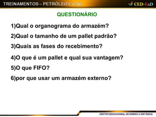 QUESTIONÁRIO
1)Qual o organograma do armazém?
2)Qual o tamanho de um pallet padrão?
3)Quais as fases do recebimento?
4)O que é um pallet e qual sua vantagem?
5)O que FIFO?
6)por que usar um armazém externo?
 