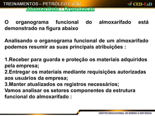 Almoxarifado - Organização
do almoxarifado estáO organograma funcional
demonstrado na figura abaixo
Analisando o organograma funcional de um almoxarifado
podemos resumir as suas principais atribuições :
1.Receber para guarda e proteção os materiais adquiridos
pela empresa;
2.Entregar os materiais mediante requisições autorizadas
aos usuários da empresa;
3.Manter atualizados os registros necessários;
Vamos analisar os setores componentes da estrutura
funcional do almoxarifado :
 