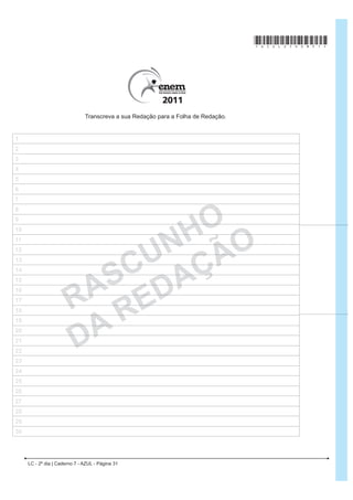 *XDUGDU XPD FRLVD p ROKiOD ¿WiOD PLUiOD SRU                                        A identidade de uma nação está diretamente ligada à
admirá-la, isto é, iluminá-la ou ser por ela iluminado.                                 cultura de seu povo. O texto mostra que, no período
Guardar uma coisa é vigiá-la, isto é, fazer vigília por                                 FRORQLDO EUDVLOHLUR R 3RUWXJXrV R ËQGLR H R 1HJUR
ela, isto é, velar por ela, isto é, estar acordado por ela,                             formaram a base da população e que o patrimônio
isto é, estar por ela ou ser por ela.                                                   linguístico brasileiro é resultado da
Por isso melhor se guarda o voo de um pássaro                                           A contribuição dos índios na escolarização dos
Do que um pássaro sem voos.                                                               brasileiros.
Por isso se escreve, por isso se diz, por isso se publica,                              B diferença entre as línguas dos colonizadores e as
por isso se declara e declama um poema:                                                   dos indígenas.
Para guardá-lo:                                                                         C importância do padre Antônio Vieira para a literatura
Para que ele, por sua vez, guarde o que guarda:                                           de língua portuguesa.
Guarde o que quer que guarda um poema:                                                  D origem das diferenças entre a língua portuguesa e
Por isso o lance do poema:                                                                as línguas tupi.
Por guardar-se o que se quer guardar.                                                   E LQWHUDomR SDFt¿FD QR XVR GD OtQJXD SRUWXJXHVD H GD
MACHADO, G. In: MORICONI, I. (org.). 2V FHP PHOKRUHV SRHPDV EUDVLOHLURV GR VpFXOR.  .
                                                      Rio de Janeiro: Objetiva, 2001.     língua tupi.
                                                                                                             LC - 2º dia | Caderno 7 - AZUL - Página 14
 