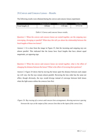 43 | P a g e
28.Convex and Concave Lenses – Results
The following results were obtained during the convex and concave lenses experiment:
Concave Lens Convex Lens Test Date
Focal length [ f] 120mm -118 mm 17/11/16
Table 4: Convex and concave lenses results.
Question 1: When the convex and concave lenses are nested together, are the outgoing rays
converging, diverging or parallel? What does this tell you about the relationship between the
focal lengths of these two lenses?
Answer 1: It is clear from the image in Figure 23, that the incoming and outgoing rays are
almost parallel. This indicated that the lenses have focal lengths that have almost equal
magnitude, yet opposing sign.
Question 2: When the convex and concave lenses are nested together, what is the effect of
changing the distance between the lenses? What is the effect of reversing their positions?
Answer 2: Figure 24 shows that by moving the lenses apart the distance between each output
ray will vary, but the rays remain almost parallel. Reversing the lens order has the same net
effect, though obviously, the rays would diverge instead of converge between both lenses
when the light source strikes the concave lens first:
Figure 24: Ray tracing of a convex and concave lens arrangement, showing narrower spacing
between the rays at the output of the concave lens that at the input of the convex lens.
 