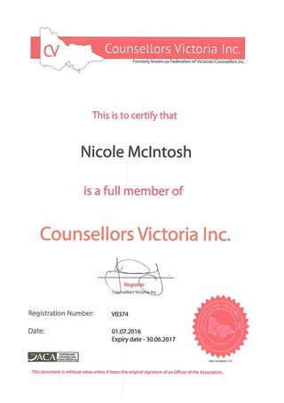 Counsellors Victoria Certificate