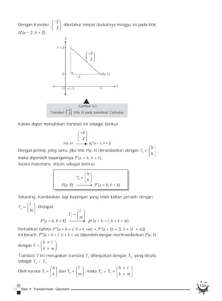 133 
Dengan translasi 
2 
2 
§  · 
¨ ¸ 
© ¹ 
, diketahui tempat duduknya minggu ini pada titik 
Nc(a  2, b  2). 
2 
2 
2 
§  · 
¨ ¸ 
© ¹ 
Gambar 6.3 
y 
N(a, b) 
Kalian dapat menuliskan translasi ini sebagai berikut 
Bab 6 Transformasi Geometri 
2 
2 
§  · 
¨ ¸ 
© ¹ 
N(a, b) Nc(a  2, b 2) 
Dengan prinsip yang sama, jika titik P(a, b) ditranslasikan dengan T1   
h 
k 
§ · 
¨ ¸ 
© ¹ 
, 
maka diperoleh bayangannya P’(a  h, b  k). 
Secara matematis, ditulis sebagai berikut. 
T1   
h 
k 
§ · 
¨ ¸ 
© ¹ 
P(a, b) Pc(a  h, b  k) 
Sekarang, translasikan lagi bayangan yang telah kalian peroleh dengan 
T2   
l 
m 
§ · 
¨ ¸ 
© ¹ 
. Didapat, 
Pc(a  h, b  k) Pcc (a  h  l, b  k  m) 
Perhatikan bahwa Pcc(a  h  l, b  k m)   Pcc(a  (h  l), b  (k  m)). 
Ini berarti, Pcc(a  h  l, b  k  m) diperoleh dengan mentranslasikan P(a, b) 
dengan T   
h l 
k m 
§  · 
¨  ¸ © ¹ 
. 
Translasi T ini merupakan translasi T1 dilanjutkan dengan T2, yang ditulis 
sebagai T2 D T1. 
Oleh karena T1   
h 
k 
§ · 
¨ ¸ 
© ¹ 
dan T2   
l 
m 
§ · 
¨ ¸ 
© ¹ 
, maka T2 D T1   
h l 
k m 
§  · 
¨  ¸ © ¹ 
T2   
l 
m 
§ · 
¨ ¸ 
© ¹ 
22 
 
Translasi   