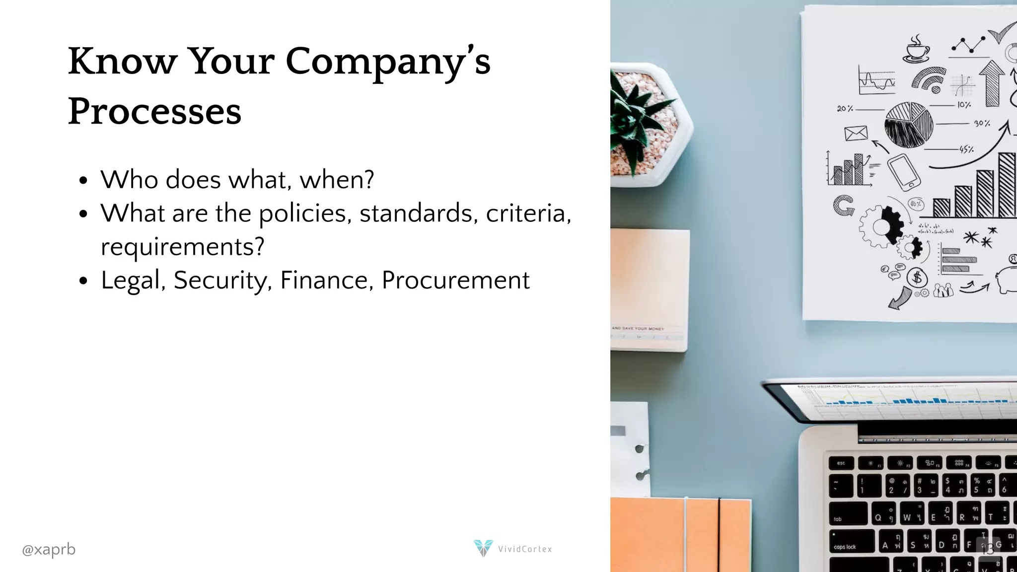 Know Your Company’s
Processes
Who does what, when?
What are the policies, standards, criteria,
requirements?
Legal, Security, Finance, Procurement
@xaprb 13
 