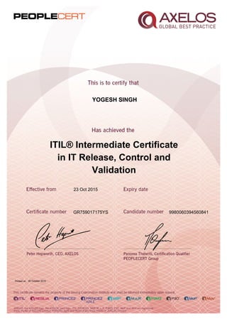 YOGESH SINGH
ITIL® Intermediate Certificate
in IT Release, Control and
Validation
23 Oct 2015
GR759017175YS 9980060394560841
Printed on 26 October 2015
 