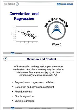 C l ti dCorrelation and
RegressionRegression
110
100
90
80
70
60
Output
50403020100
60
50
40
50403020100
Input
Week 2
Knorr-Bremse Group
Overview and Content
With correlation and regression you have a toolg y
available to describe in an easy way the relation
between continuous factors (x1, x2 etc.) and1 2
continuously measurable results (y).
• Regression and regression coefficient
• Correlation and correlation coefficient
• Fitted Line Plots• Fitted Line Plots
• Simple regressionp g
• Multiple regression
Knorr-Bremse Group 07 BB W2 Regression 08, D. Szemkus/H. Winkler Page 2/24
 
