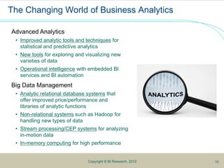 5
The Changing World of Business Analytics
Advanced Analytics
• Improved analytic tools and techniques for
statistical and predictive analytics
• New tools for exploring and visualizing new
varieties of data
• Operational intelligence with embedded BI
services and BI automation
Big Data Management
• Analytic relational database systems that
offer improved price/performance and
libraries of analytic functions
• Non-relational systems such as Hadoop for
handling new types of data
• Stream processing/CEP systems for analyzing
in-motion data
• In-memory computing for high performance
Copyright © BI Research, 2012 10
 
