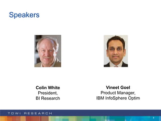 3
Speakers
Vineet Goel
Product Manager,
IBM InfoSphere Optim
Colin White
President,
BI Research
 