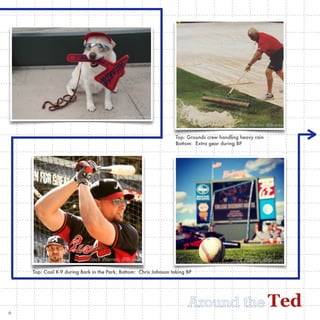 TedAround the
Top: Cool K-9 during Bark in the Park, Bottom: Chris Johnson taking BP
Top: Grounds crew handling heavy rain
Bottom: Extra gear during BP
6
 