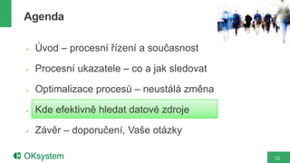 Agenda

   Úvod – procesní řízení a současnost

   Procesní ukazatele – co a jak sledovat

   Optimalizace procesů – neustálá změna

   Kde efektivně hledat datové zdroje

   Závěr – doporučení, Vaše otázky

                                             12
 