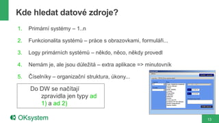 Kde hledat datové zdroje?
1.   Primární systémy – 1..n

2.   Funkcionalita systémů – práce s obrazovkami, formuláři...

3.   Logy primárních systémů – někdo, něco, někdy provedl

4.   Nemám je, ale jsou důležitá – extra aplikace => minutovník

5.   Číselníky – organizační struktura, úkony...

     Do DW se načítají
        zpravidla jen typy ad
        1) a ad 2)

                                                                  13
 