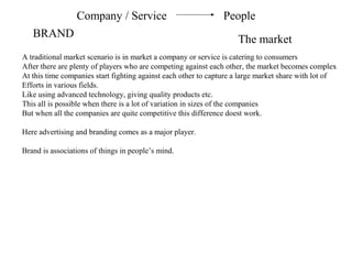 BRAND
PeopleCompany / Service
The market
A traditional market scenario is in market a company or service is catering to consumers
After there are plenty of players who are competing against each other, the market becomes complex
At this time companies start fighting against each other to capture a large market share with lot of
Efforts in various fields.
Like using advanced technology, giving quality products etc.
This all is possible when there is a lot of variation in sizes of the companies
But when all the companies are quite competitive this difference doest work.
Here advertising and branding comes as a major player.
Brand is associations of things in people’s mind.
 
