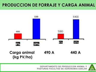 Carga animal
(kg PV/ha)
490 A 440 A
DEPARTAMENTO DE PRODUCCION ANIMAL Y
PASTURAS FACULTAD DE AGRONOMIA-UDELAR
PRODUCCION DE FORRAJE Y CARGA ANIMAL
 