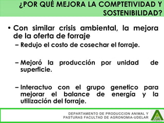 • Con similar crisis ambiental, la mejora
de la oferta de forraje
– Redujo el costo de cosechar el forraje.
– Mejoró la producción por unidad de
superficie.
– Interactuo con el grupo genetico para
mejorar el balance de energía y la
utilización del forraje.
DEPARTAMENTO DE PRODUCCION ANIMAL Y
PASTURAS FACULTAD DE AGRONOMIA-UDELAR
¿POR QUÉ MEJORA LA COMPTETIVIDAD Y
SOSTENIBILIDAD?
 