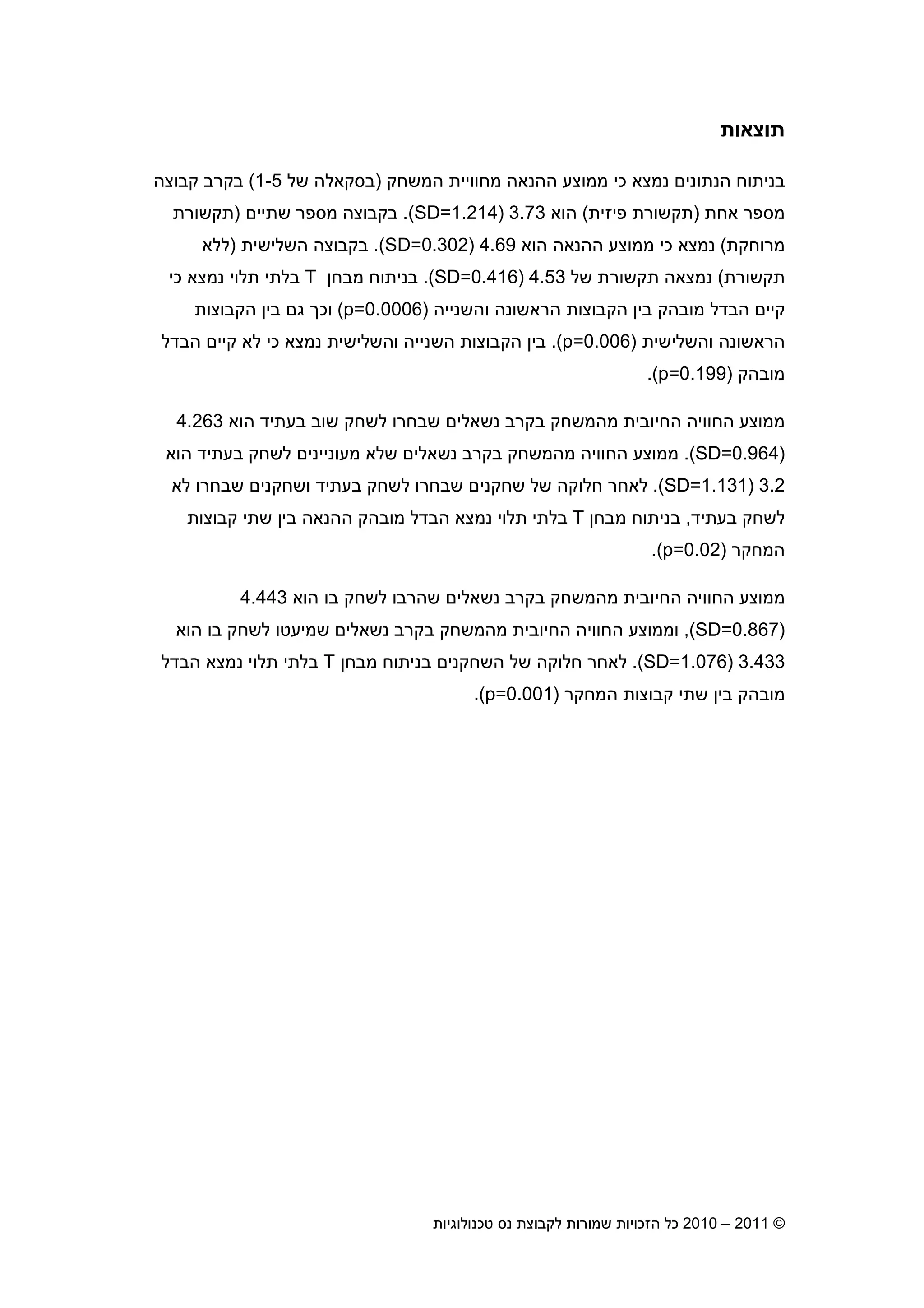 2010 – 2011 ©‫טכנולוגיות‬ ‫נס‬ ‫לקבוצת‬ ‫שמורות‬ ‫הזכויות‬ ‫כל‬10
‫תוצאות‬
‫נמ‬ ‫הנתוני‬ ‫בניתוח‬‫ממוצע‬ ‫כי‬ ‫צא‬‫המשחק‬ ‫מחוויית‬ ‫ההנאה‬)‫של‬ ‫בסקאלה‬1-5(‫קבוצה‬ ‫בקרב‬
‫אחת‬ ‫מספר‬)‫פיזית‬ ‫תקשורת‬(‫הוא‬3.73)SD=1.214(.‫שתיי‬ ‫מספר‬ ‫בקבוצה‬)‫תקשורת‬
‫מרוחקת‬(‫הוא‬ ‫ההנאה‬ ‫ממוצע‬ ‫כי‬ ‫נמצא‬4.69)SD=0.302(.‫השלישית‬ ‫בקבוצה‬)‫ללא‬
‫תקשורת‬(‫של‬ ‫תקשורת‬ ‫נמצאה‬4.53)SD=0.416(.‫מבח‬ ‫בניתוח‬T‫כי‬ ‫נמצא‬ ‫תלוי‬ ‫בלתי‬
‫והשנייה‬ ‫הראשונה‬ ‫הקבוצות‬ ‫בי‬ ‫מובהק‬ ‫הבדל‬ ‫קיי‬)0.0006p=(‫הקבוצות‬ ‫בי‬ ‫ג‬ ‫וכ‬
‫והשלישית‬ ‫הראשונה‬)p=0.006.(‫הבדל‬ ‫קיי‬ ‫לא‬ ‫כי‬ ‫נמצא‬ ‫והשלישית‬ ‫השנייה‬ ‫הקבוצות‬ ‫בי‬
‫מובהק‬)p=0.199.(
‫ממוצע‬‫החיובית‬ ‫החוויה‬‫הוא‬ ‫בעתיד‬ ‫שוב‬ ‫לשחק‬ ‫שבחרו‬ ‫נשאלי‬ ‫בקרב‬ ‫מהמשחק‬4.263
)SD=0.964(.‫ממוצע‬‫החוויה‬‫הוא‬ ‫בעתיד‬ ‫לשחק‬ ‫מעונייני‬ ‫שלא‬ ‫נשאלי‬ ‫בקרב‬ ‫מהמשחק‬
3.2)SD=1.131(.‫של‬ ‫חלוקה‬ ‫לאחר‬‫לא‬ ‫שבחרו‬ ‫ושחקני‬ ‫בעתיד‬ ‫לשחק‬ ‫שבחרו‬ ‫שחקני‬
‫בעתיד‬ ‫לשחק‬,‫מבח‬ ‫בניתוח‬T‫מובהק‬ ‫הבדל‬ ‫נמצא‬ ‫תלוי‬ ‫בלתי‬‫ההנאה‬‫קבוצות‬ ‫שתי‬ ‫בי‬
‫המחקר‬)p=0.02.(
‫מ‬ ‫החיובית‬ ‫החוויה‬ ‫ממוצע‬‫נשאלי‬ ‫בקרב‬ ‫המשחק‬‫שהרבו‬‫בו‬ ‫לשחק‬‫הוא‬4.443
)SD=0.867(,‫הוא‬ ‫בו‬ ‫לשחק‬ ‫שמיעטו‬ ‫נשאלי‬ ‫בקרב‬ ‫מהמשחק‬ ‫החיובית‬ ‫החוויה‬ ‫וממוצע‬
3.433)SD=1.076.(‫מבח‬ ‫בניתוח‬ ‫השחקני‬ ‫של‬ ‫חלוקה‬ ‫לאחר‬T‫נמצא‬ ‫תלוי‬ ‫בלתי‬‫הבדל‬
‫המחקר‬ ‫קבוצות‬ ‫שתי‬ ‫בי‬ ‫מובהק‬)p=0.001(.
 