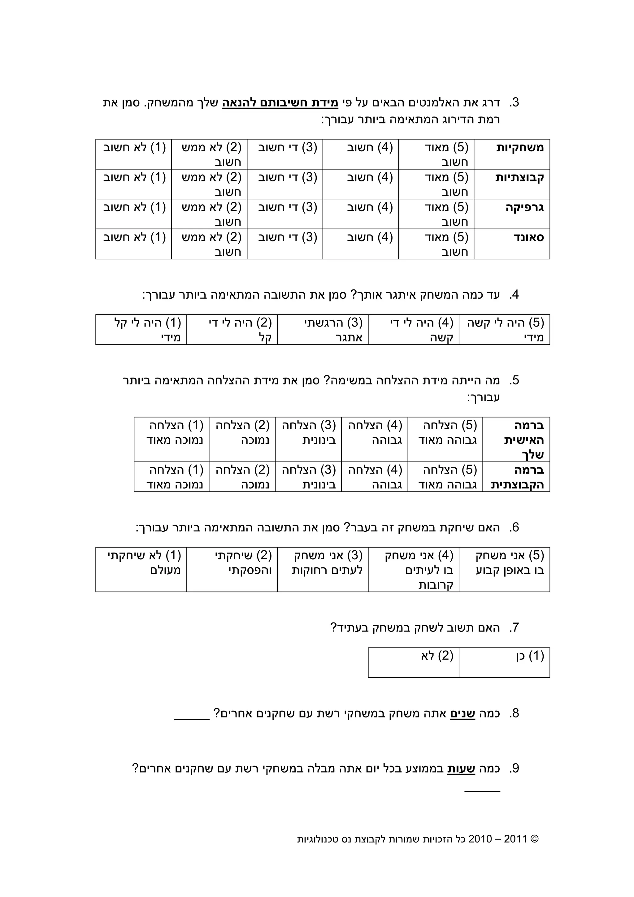 2010 – 2011 ©‫טכנולוגיות‬ ‫נס‬ ‫לקבוצת‬ ‫שמורות‬ ‫הזכויות‬ ‫כל‬18
3.‫פי‬ ‫על‬ ‫הבאי‬ ‫האלמנטי‬ ‫את‬ ‫דרג‬‫להנאה‬ ‫חשיבות‬ ‫מידת‬‫מהמשחק‬ ‫של‬.‫את‬ ‫סמ‬
‫עבור‬ ‫ביותר‬ ‫המתאימה‬ ‫הדירוג‬ ‫רמת‬:
‫משחקיות‬)5(‫מאוד‬
‫חשוב‬
)4(‫חשוב‬)3(‫חשוב‬ ‫די‬)2(‫ממש‬ ‫לא‬
‫חשוב‬
)1(‫חשוב‬ ‫לא‬
‫קבוצתיות‬)5(‫מאוד‬
‫חשוב‬
)4(‫חשוב‬)3(‫חשוב‬ ‫די‬)2(‫ממ‬ ‫לא‬‫ש‬
‫חשוב‬
)1(‫חשוב‬ ‫לא‬
‫גרפיקה‬)5(‫מאוד‬
‫חשוב‬
)4(‫חשוב‬)3(‫חשוב‬ ‫די‬)2(‫ממש‬ ‫לא‬
‫חשוב‬
)1(‫חשוב‬ ‫לא‬
‫סאונד‬)5(‫מאוד‬
‫חשוב‬
)4(‫חשוב‬)3(‫חשוב‬ ‫די‬)2(‫ממש‬ ‫לא‬
‫חשוב‬
)1(‫חשוב‬ ‫לא‬
4.‫אות‬ ‫איתגר‬ ‫המשחק‬ ‫כמה‬ ‫עד‬?‫עבור‬ ‫ביותר‬ ‫המתאימה‬ ‫התשובה‬ ‫את‬ ‫סמ‬:
)5(‫קשה‬ ‫לי‬ ‫היה‬
‫מידי‬
)4(‫ל‬ ‫היה‬‫די‬ ‫י‬
‫קשה‬
)3(‫הרגשתי‬
‫אתגר‬
)2(‫די‬ ‫לי‬ ‫היה‬
‫קל‬
)1(‫קל‬ ‫לי‬ ‫היה‬
‫מידי‬
5.‫במשימה‬ ‫ההצלחה‬ ‫מידת‬ ‫הייתה‬ ‫מה‬?‫ביותר‬ ‫המתאימה‬ ‫ההצלחה‬ ‫מידת‬ ‫את‬ ‫סמ‬
‫עבור‬:
‫ברמה‬
‫האישית‬
‫של‬
)5(‫הצלחה‬
‫מאוד‬ ‫גבוהה‬
)4(‫הצלחה‬
‫גבוהה‬
)3(‫הצלחה‬
‫בינונית‬
)2(‫הצלחה‬
‫נמוכה‬
)1(‫הצלחה‬
‫מאוד‬ ‫נמוכה‬
‫ברמה‬
‫הקבוצתית‬
)5(‫הצלחה‬
‫מאוד‬ ‫גבוהה‬
)4(‫הצלחה‬
‫גבוהה‬
)3(‫הצלחה‬
‫בינונית‬
)2(‫הצלחה‬
‫נמוכה‬
)1(‫הצלחה‬
‫מאוד‬ ‫נמוכה‬
6.‫בעבר‬ ‫זה‬ ‫במשחק‬ ‫שיחקת‬ ‫הא‬?‫עבור‬ ‫ביותר‬ ‫המתאימה‬ ‫התשובה‬ ‫את‬ ‫סמ‬:
)5(‫משחק‬ ‫אני‬
‫קבוע‬ ‫באופ‬ ‫בו‬
)4(‫משחק‬ ‫אני‬
‫לעיתי‬ ‫בו‬
‫קרובות‬
)3(‫משחק‬ ‫אני‬
‫רחוקות‬ ‫לעתי‬
)2(‫שיחקתי‬
‫והפסקתי‬
)1(‫שיחקתי‬ ‫לא‬
‫מעול‬
7.‫בעתיד‬ ‫במשחק‬ ‫לשחק‬ ‫תשוב‬ ‫הא‬?
)1(‫כ‬)2(‫לא‬
8.‫כמה‬‫שני‬‫אחרי‬ ‫שחקני‬ ‫ע‬ ‫רשת‬ ‫במשחקי‬ ‫משחק‬ ‫אתה‬_____ ?
9.‫כמה‬‫שעות‬‫אחרי‬ ‫שחקני‬ ‫ע‬ ‫רשת‬ ‫במשחקי‬ ‫מבלה‬ ‫אתה‬ ‫יו‬ ‫בכל‬ ‫בממוצע‬?
_____
 