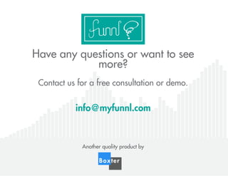 Have any questions or want to see
more?
Contact us for a free consultation or demo.
info@myfunnl.com
Another quality product by
Boxter
 