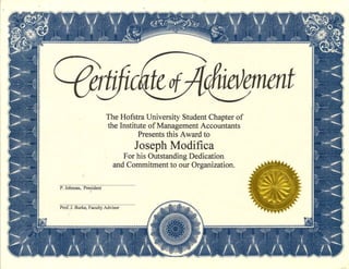 Joseph Modifica CPA IMA Hofstra Certificate of Achievement 11-96