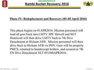 CPT Davidson – 448-2501 7/18/2016
UNCLASSIFIED//FOUO
Bambi Bucket Recovery 2016
This phase begins on 01APR2016. Mission personnel will
load all gear back into LMTV. SPC Howell and SGT
Hunnicutt will then drive LMTV back to 7th Dive
Detachment at Hickam AFB. Mission personnel will then
drive back to Hickam AFB via POV. Gear will be properly
PMCS, returned to handreceipt holders, and secured at 7th
EN Dive Detachment NLT 051500APR2016.
Phase IV: Redeployment and Recovery (01-05 April 2016)
 