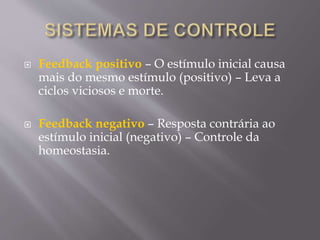  Feedback positivo – O estímulo inicial causa
mais do mesmo estímulo (positivo) – Leva a
ciclos viciosos e morte.
 Feedback negativo – Resposta contrária ao
estímulo inicial (negativo) – Controle da
homeostasia.
 